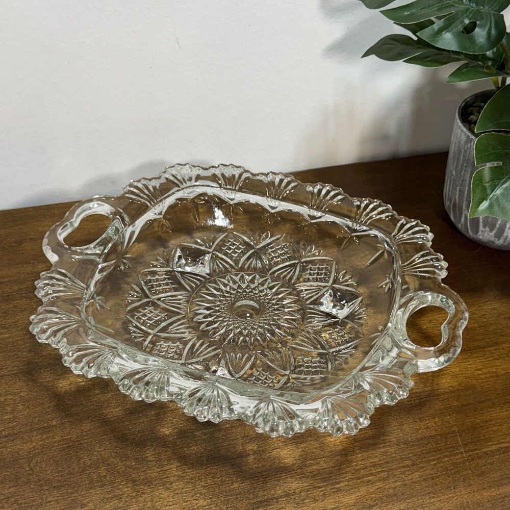 Vintage Pasari Pressed Glass Dish 3 Footed Open Handles Clear Fans Starburst